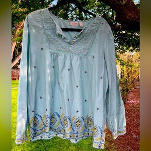 Lightweight soft blue/ mint green Embroidered blouse XL. Made in India